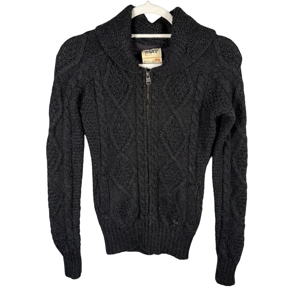 TNA Charcoal/Black Zip-Up Merino Wool Blend Sweater Size XXS Cozy Fall Winter